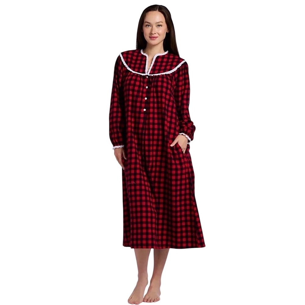 Lanz of Salzburg Red Black Buffalo Check Plaid Flannel Nightgown Eyelet Lace M